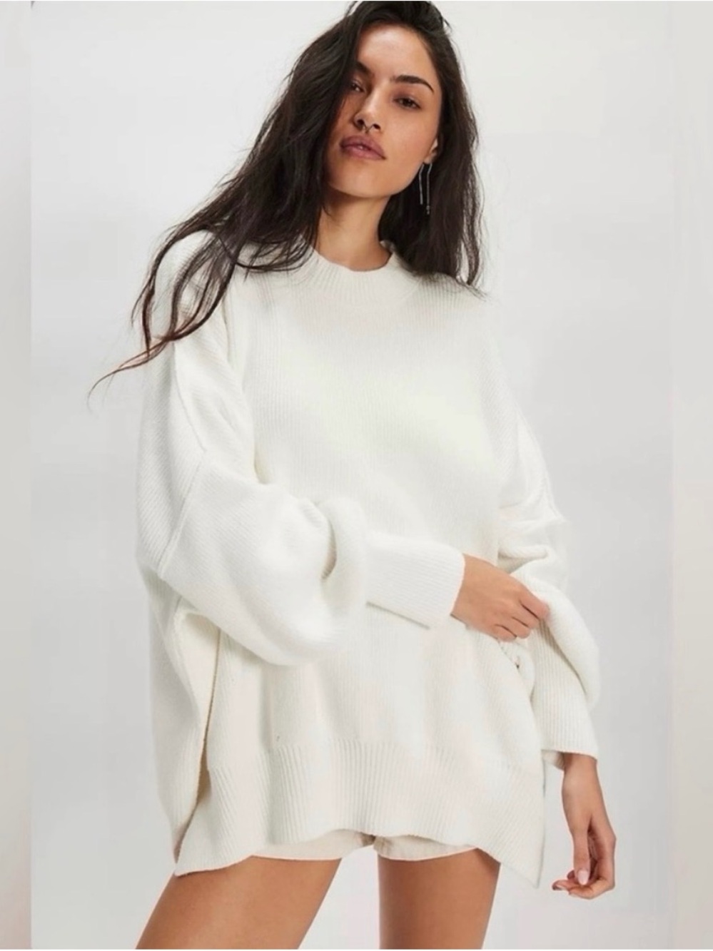 Free People White Oversized Crewneck Sweater